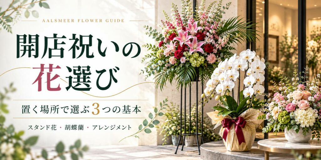 店頭に飾られたスタンド花、胡蝶蘭、フラワーアレンジメントを写した開店祝いの花選びイメージ
