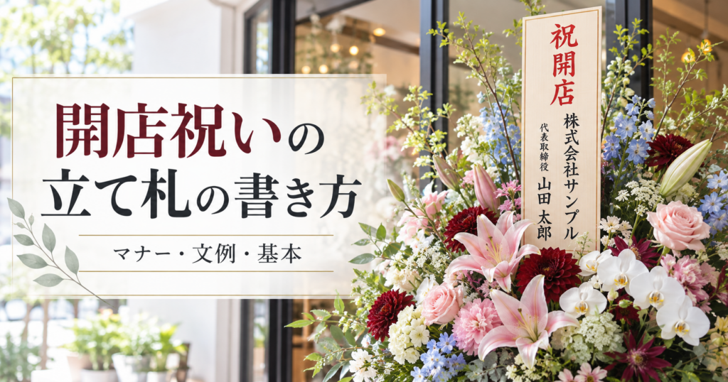開店祝いの立て札の書き方を紹介する、立て札付きの祝い花